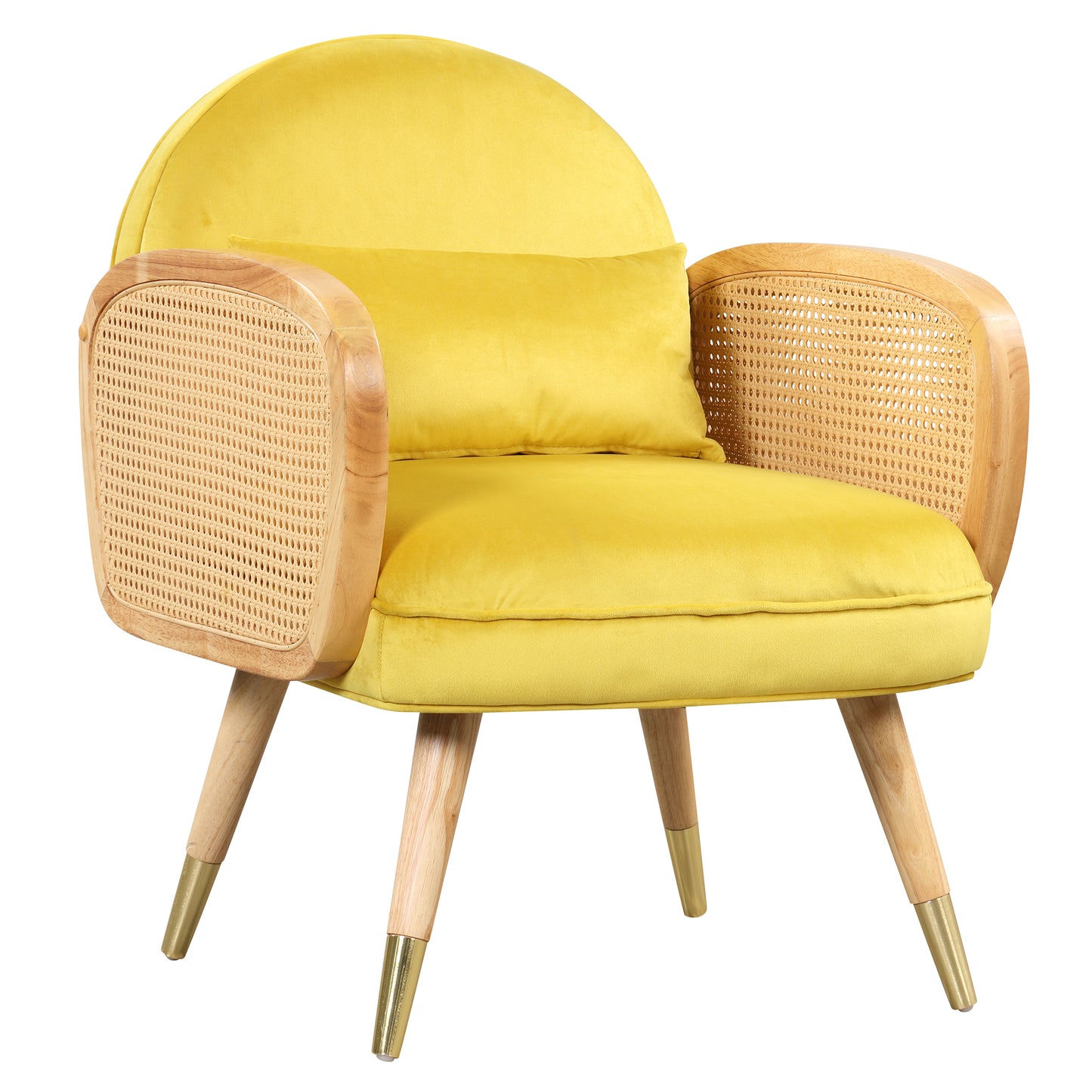 Amchair with Rattan Armrest and Metal Legs Upholstered Mid Century Modern Chairs for Living Room or Reading Room, Yellow