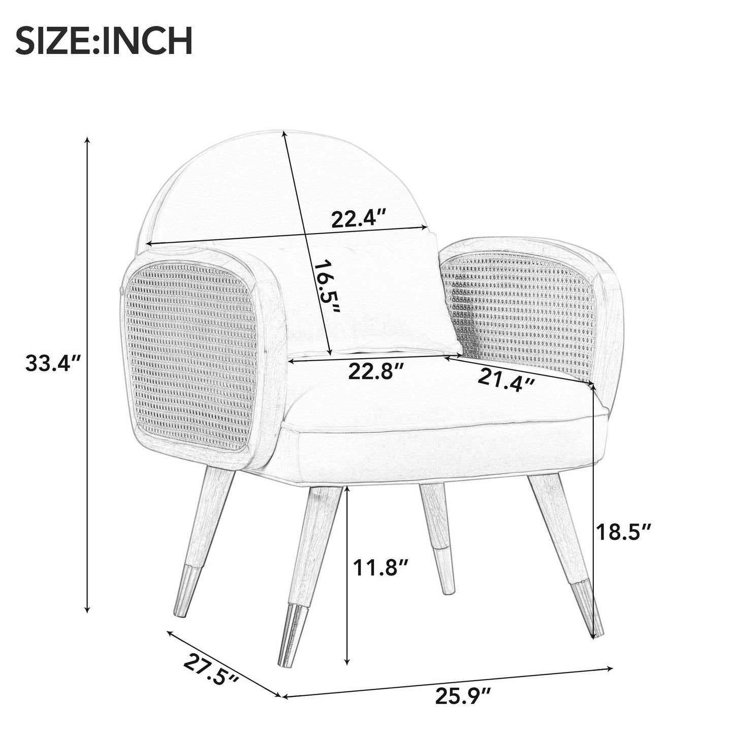 Amchair with Rattan Armrest and Metal Legs Upholstered Mid Century Modern Chairs for Living Room or Reading Room, Yellow