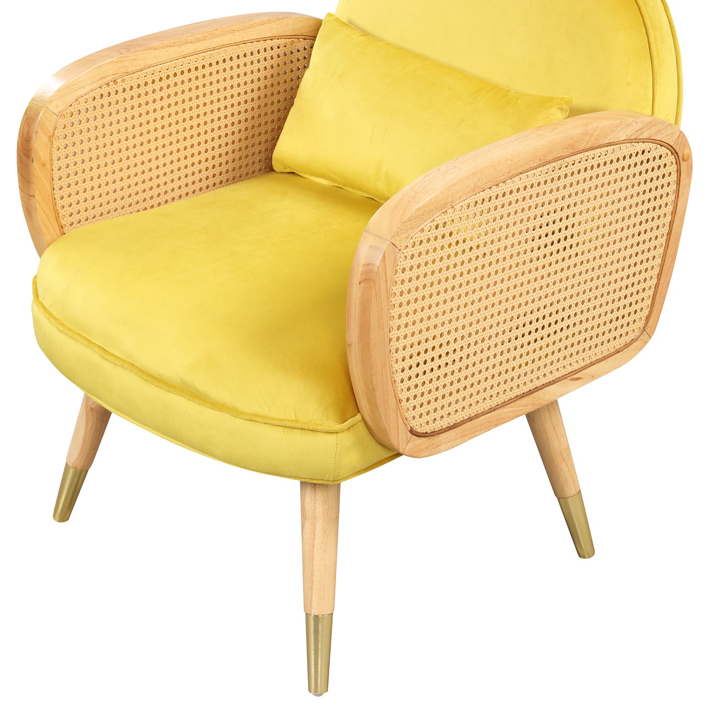 Amchair with Rattan Armrest and Metal Legs Upholstered Mid Century Modern Chairs for Living Room or Reading Room, Yellow