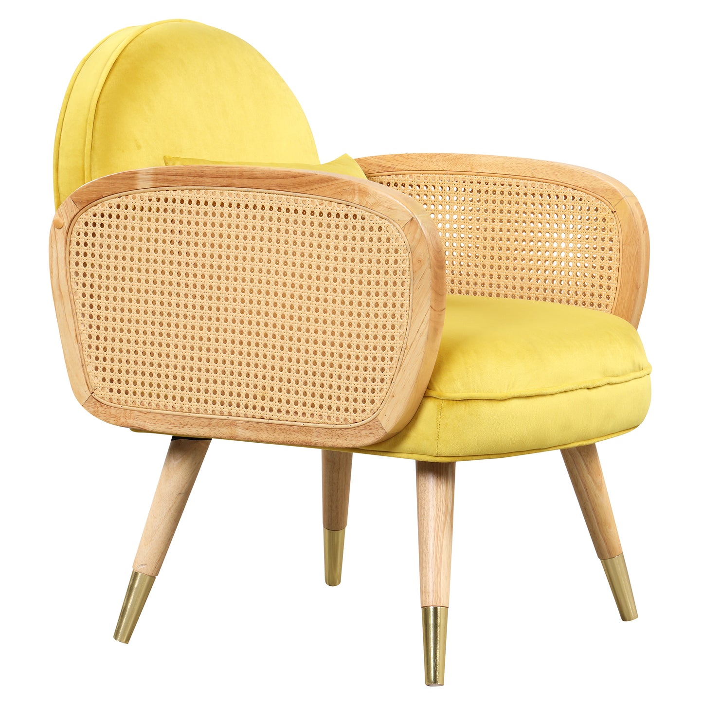 Amchair with Rattan Armrest and Metal Legs Upholstered Mid Century Modern Chairs for Living Room or Reading Room, Yellow