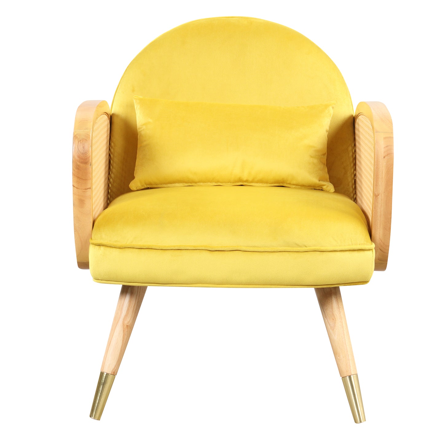 Amchair with Rattan Armrest and Metal Legs Upholstered Mid Century Modern Chairs for Living Room or Reading Room, Yellow