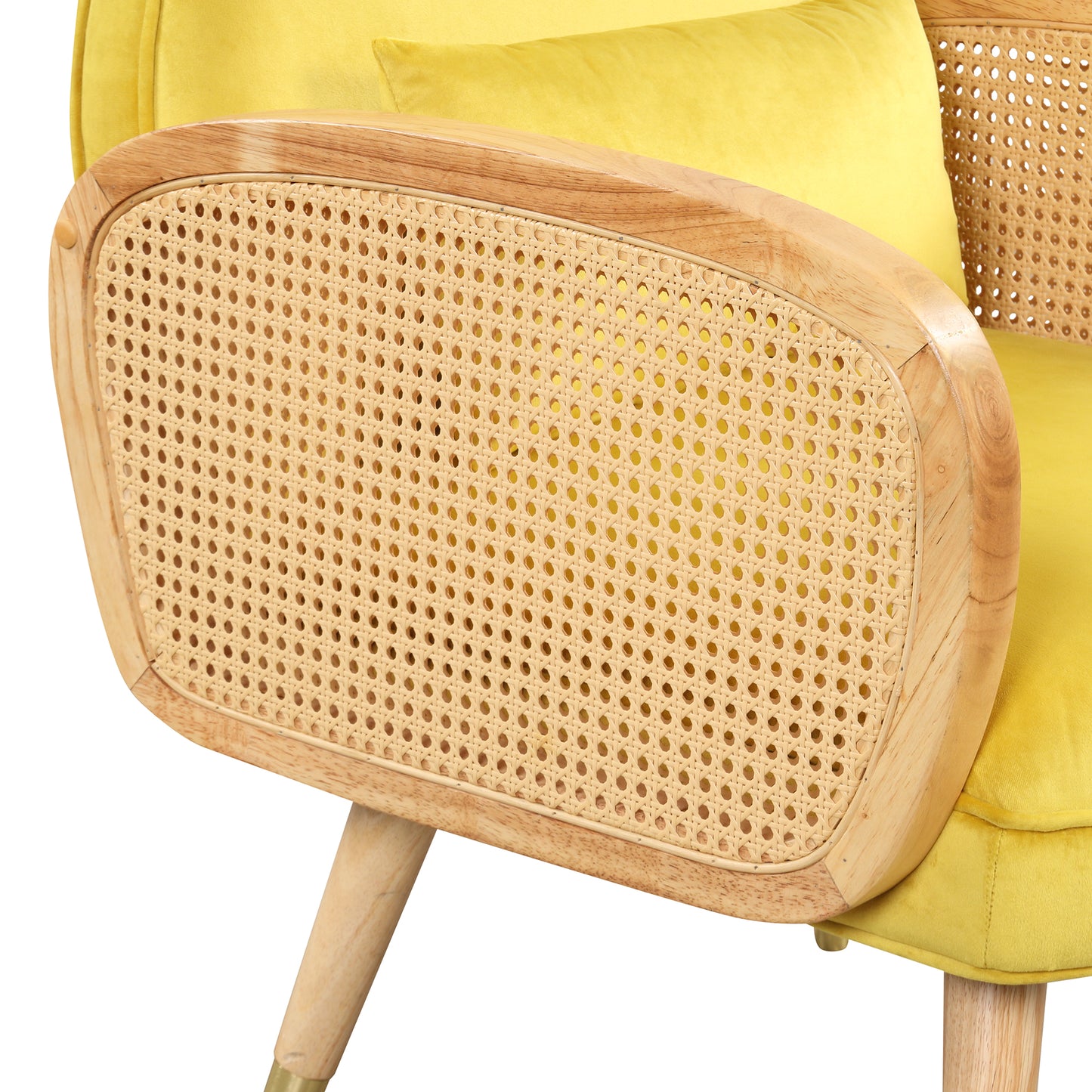 Amchair with Rattan Armrest and Metal Legs Upholstered Mid Century Modern Chairs for Living Room or Reading Room, Yellow