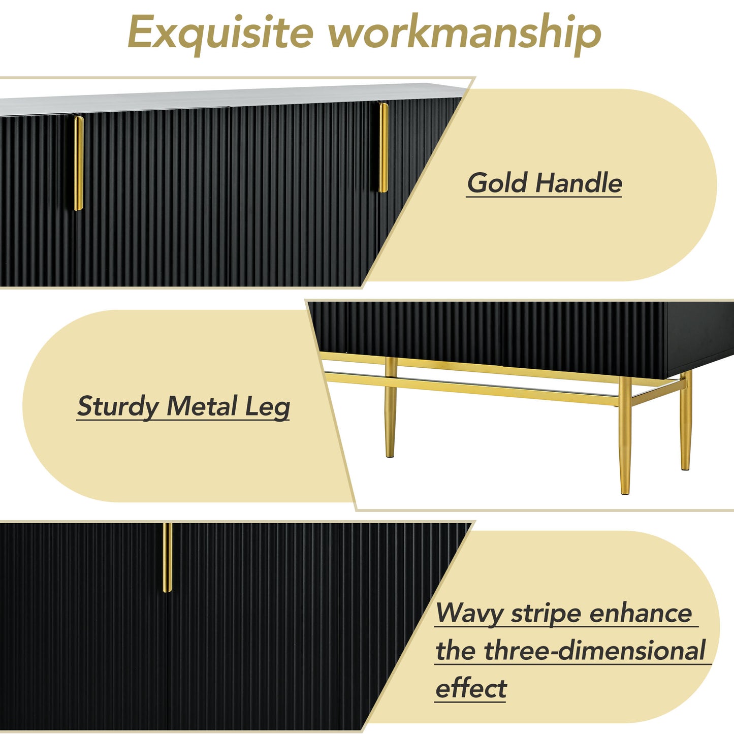 TREXM Modern Elegant 4-door Sideboard Gold Metal Handle Buffet Cabinet for Dining Room, Living Room, Bedroom, Hallway (Black)